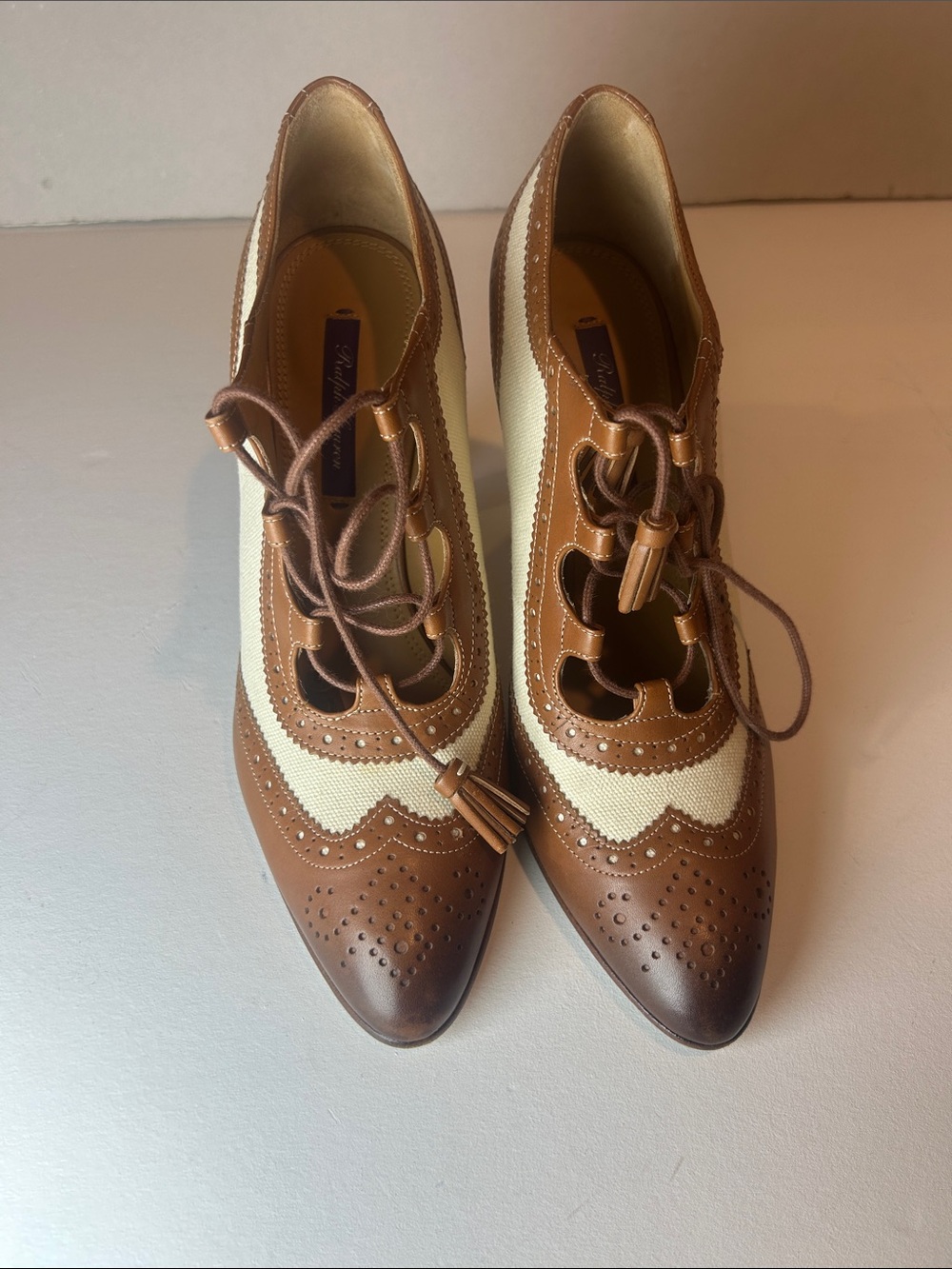 Vintage Ralph Lauren Collection  Brown and Cream Wingtip Lace-Up Heels